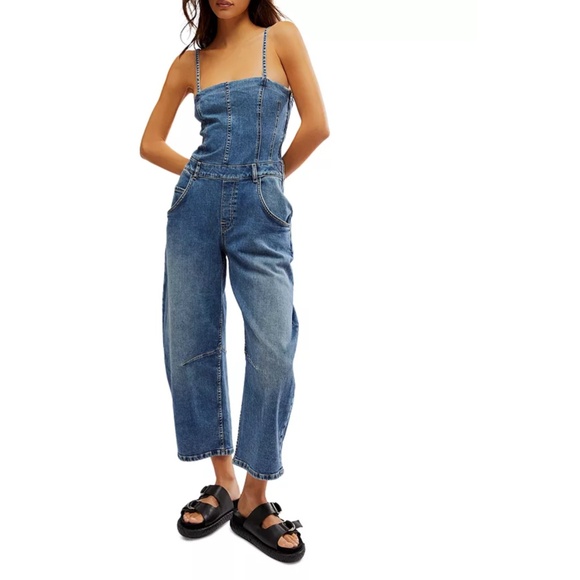 NEW FREE PEOPLE We The Free DENIM BLUE Je Suis Pret BARREL Pockets JUMPSUIT S - Picture 4 of 16